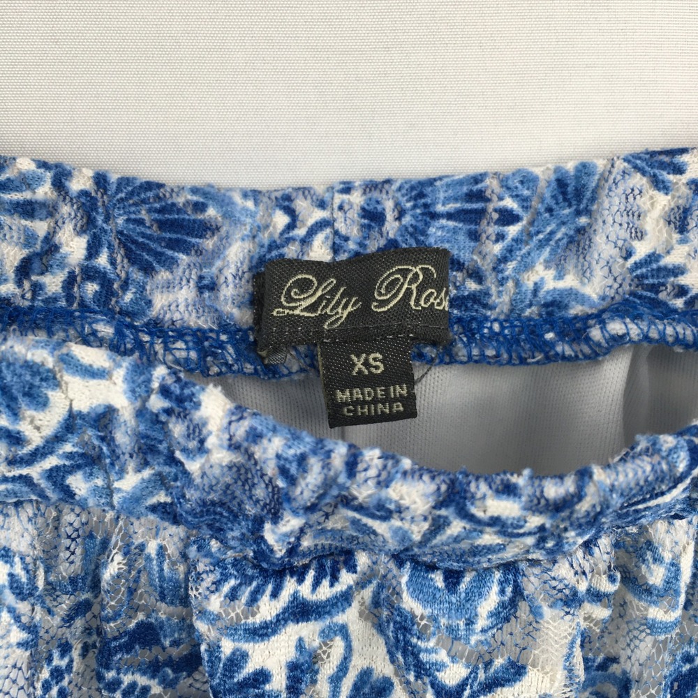 Bohemian style sun dress womens XS Blue Ivory Floral Lace Cold Shoulder Mini - Picture 2 of 9